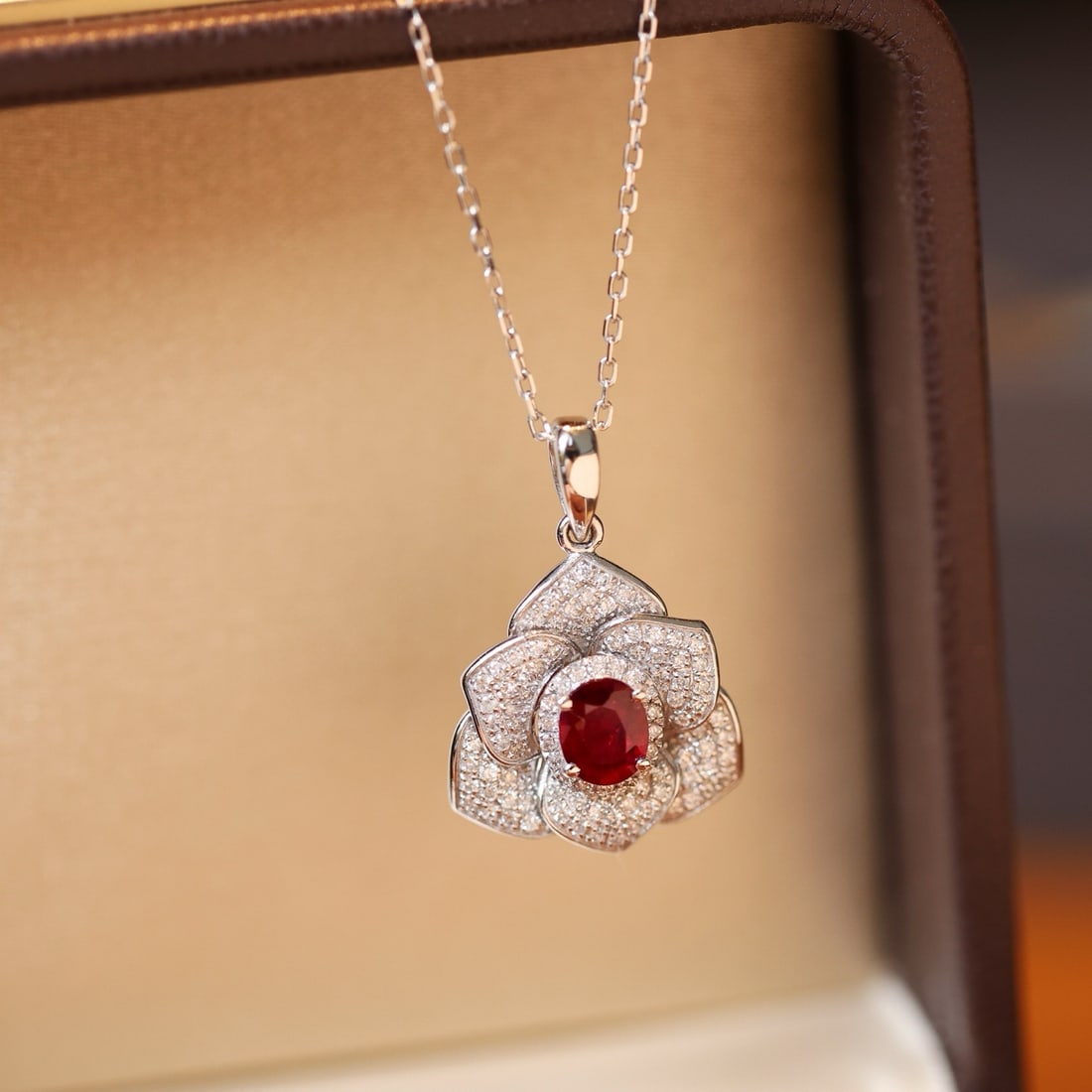 14k Gold 0.83 Ctw Vivid Red Natural Ruby & Diamond & Flowers Pendant( Without Chain ) - 3