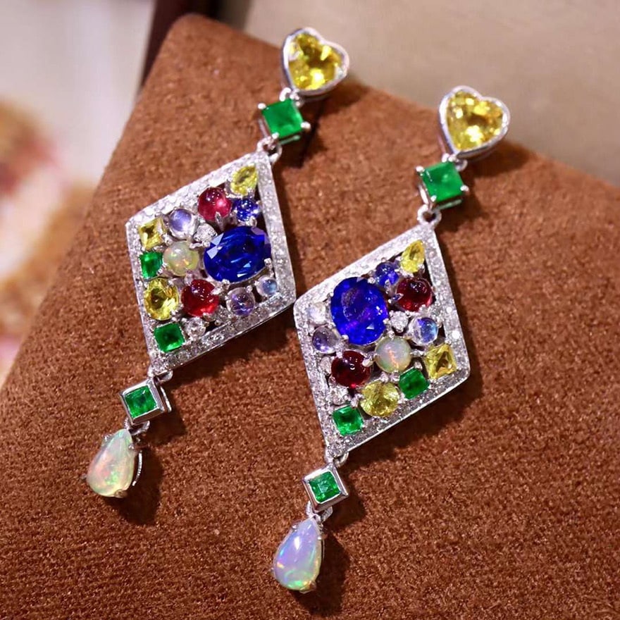 14k Gold 3.71 Ctw Natural Sapphire & Emerald & Ruby & Opal & Moonstone & Diamond Earrings: Ref:231043001 // gold content:14k gold // main gemstone:sapphire & emerald & ruby & opal & moonstone // shape:multiply // carat weight:3. 20ct // color:color // treatment:natural // // adjacent gemsto