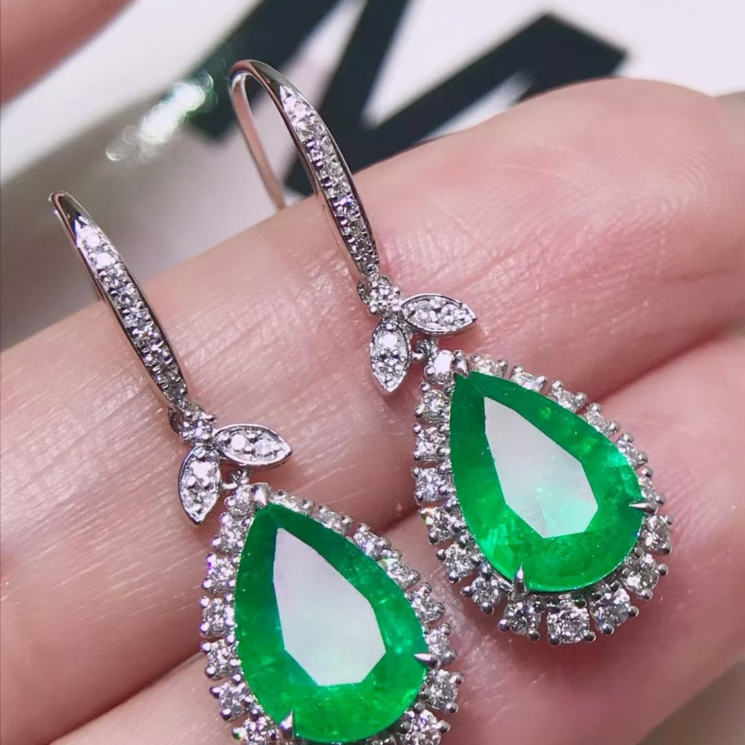 14k Gold 3.92 Ctw Vivid Green Natural Emerald & Diamond Earrings (1 of 5)
