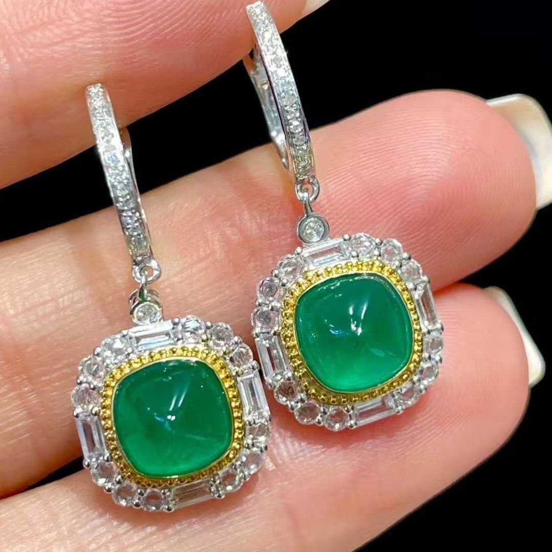 14k Gold 3.3 Ct Vivid Green Natural Emerald & Diamond & Sapphire Earrings: Ref:231055224 // gold content:14k gold // main gemstone:emerald // shape:sugar-loaf // carat weight:3. 3ct // color:vivid green // treatment:natural // // adjacent gemstone 2 : diamond // shape:round