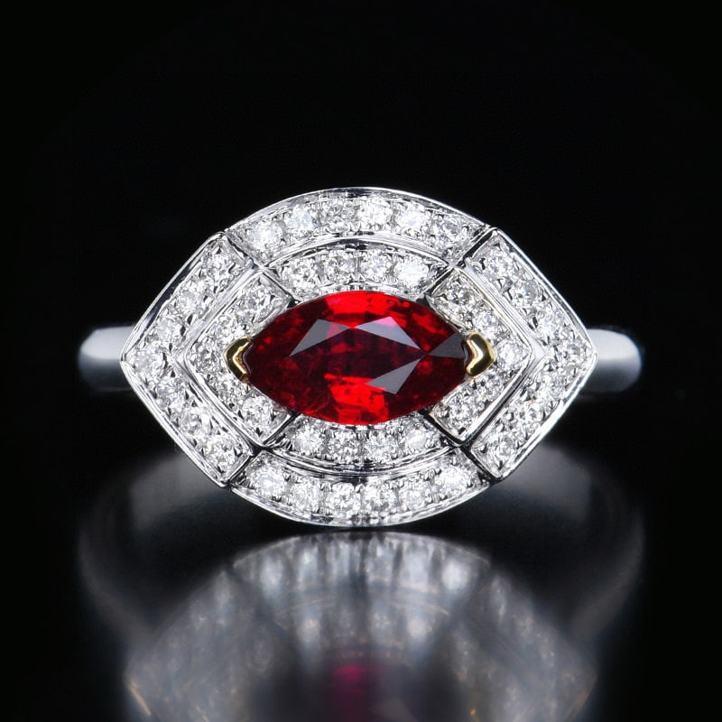 14k Gold 1.39 Ctw Natural Ruby & Diamond Ring: Ref:231062122 // gold content:14k gold // ring size:7. 25us // // main gemstone:ruby // shape:marquise // carat weight:1. 1ct // color:pigeonblood red // treatment:natural // // adjacent gemstone 2 :