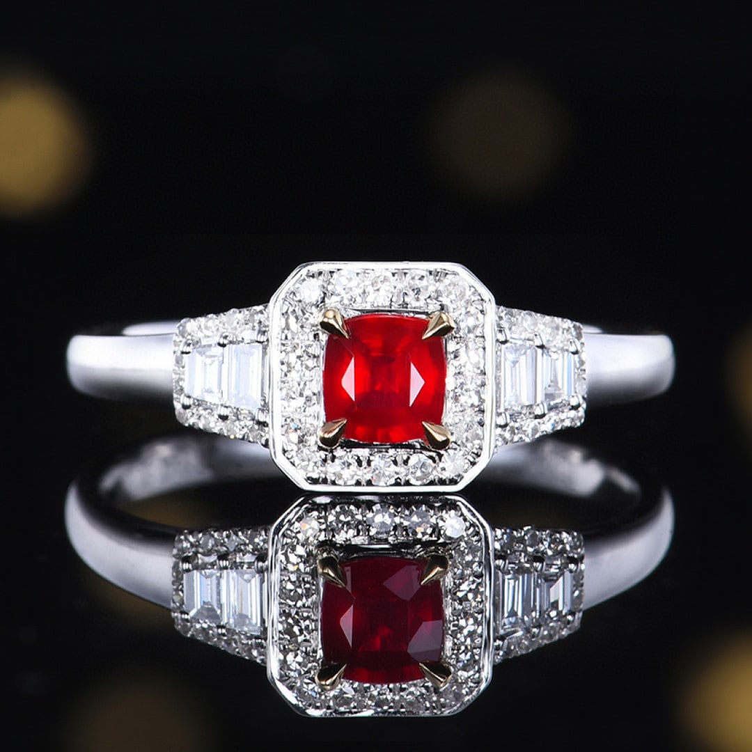 14k Gold 0.62 Ctw Natural Ruby & Diamond Ring: Ref:231062145 // gold content:14k gold // ring size:7. 25us // // main gemstone:ruby // shape:cushion // carat weight:0. 37ct // color:pigeonblood red // treatment:natural // // adjacent gemstone 2 :