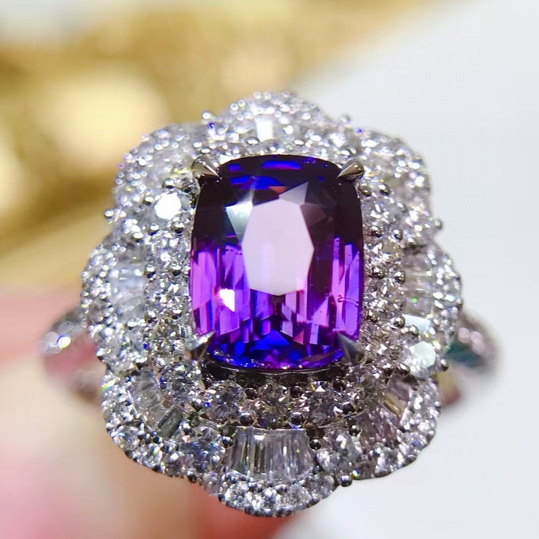 14k Gold 2.92 Ctw Natural Sapphire & Diamond Ring: Ref:231064352 // gold content:14k gold // ring size:7. 25us // // main gemstone:sapphire // shape:cushion // carat weight:2. 07ct // color:purple // treatment:natural // // adjacent gemstone 2 :
