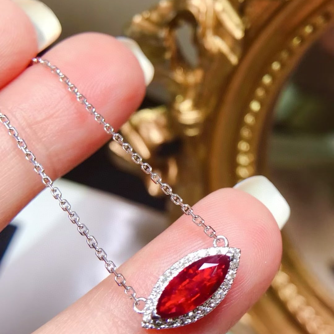 14k Gold 0.98 Ctw Natural Ruby & Diamond Necklace: Ref:231066441 // gold content:14k gold // main gemstone:ruby // shape:marquise // carat weight:0. 8ct // color:pigeonblood red // treatment:natural // // adjacent gemstone 2 : diamond //