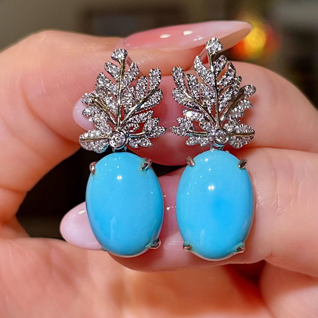 14k Gold 11.01 Ctw Natural Blue Turquoise & Diamond Earrings: Ref:231069154 // gold content:14k gold // main gemstone:blue turquoise // shape:oval // carat weight:10. 68ct // color:blue // treatment:natural // // adjacent gemstone 2 : diamond // shape:round // c