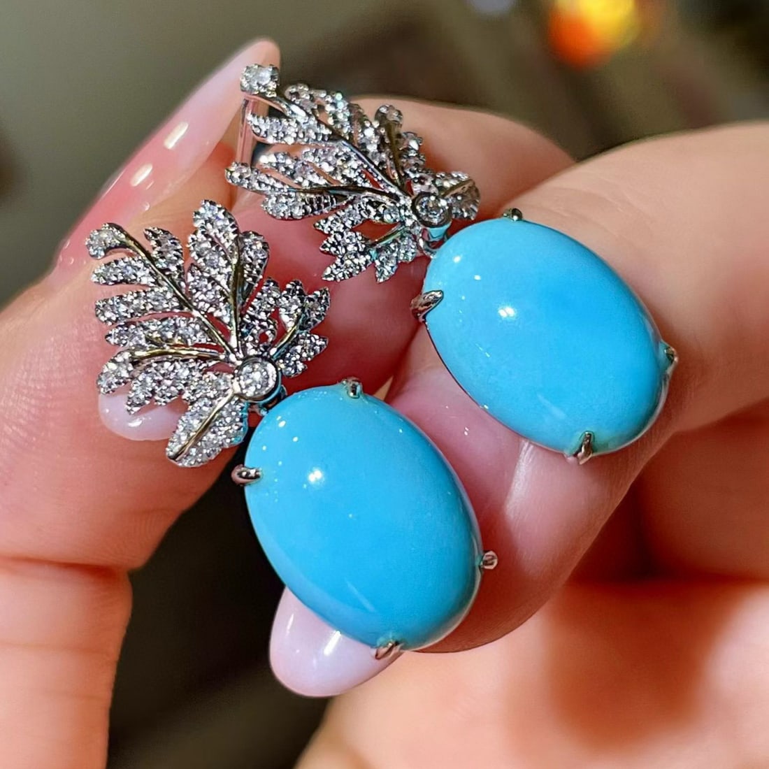 14k Gold 11.01 Ctw Natural Blue Turquoise & Diamond Earrings - 2