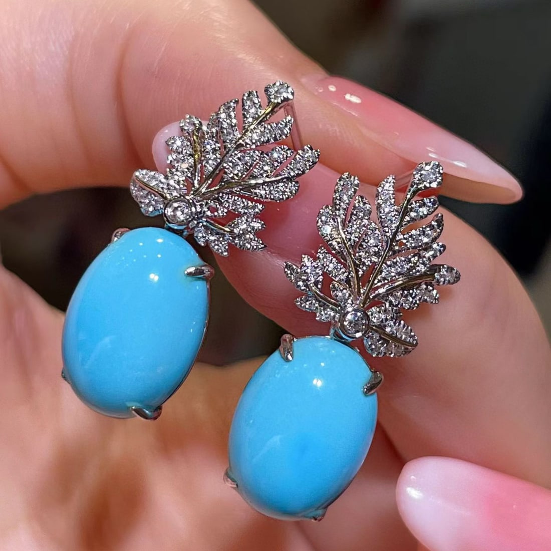 14k Gold 11.01 Ctw Natural Blue Turquoise & Diamond Earrings - 3