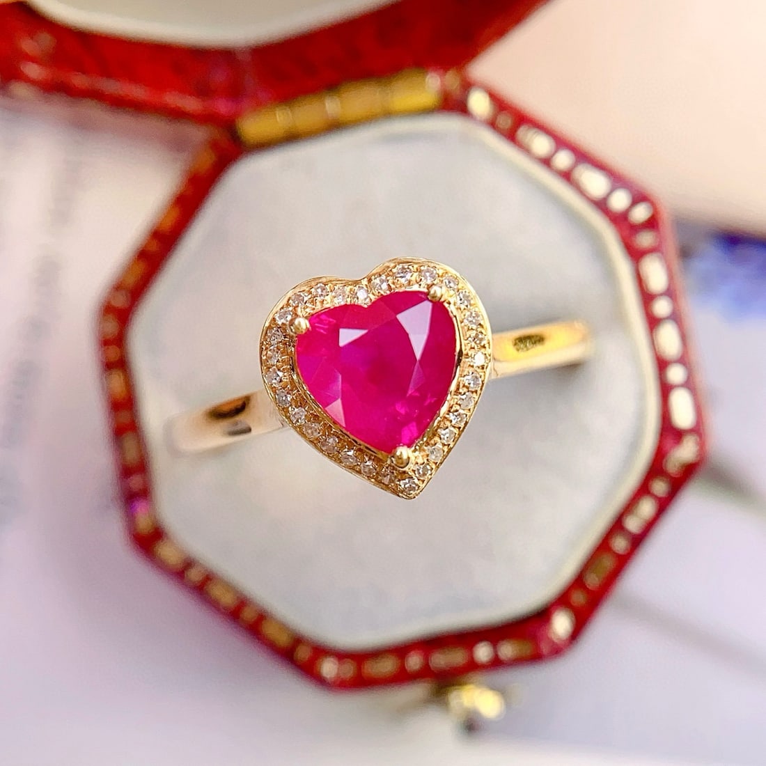 14k Gold 1.20 Ct Natural Ruby & Diamond Ring: Ref:231070227 // gold content:14k gold // ring size:7. 25us // // main gemstone:ruby // shape:heart // carat weight:1. 20ct // color:red // treatment:natural // // adjacent gemstone 2 : diamond // num