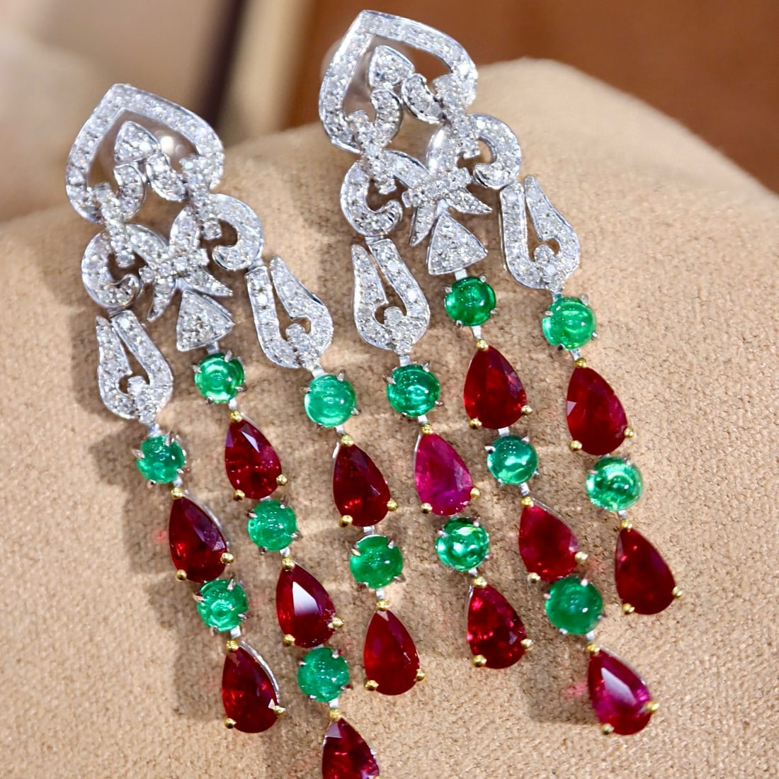 14k Gold 5.27 Ctw Natural Ruby & Emerald & Diamond Earrings (1 of 6)
