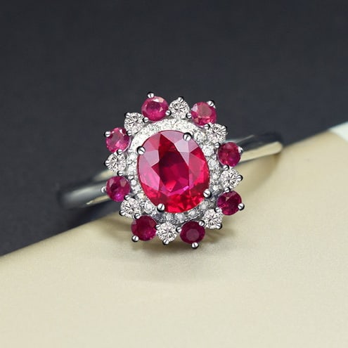 14k Gold 1.27 Ctw Natural Ruby & Diamond Ring: Ref:231071055 // gold content:14k gold // ring size:7. 25us // // main gemstone:ruby // shape:oval // carat weight:1. 01ct // color:pigeonblood red // treatment:natural // // adjacent gemstone 2 : dia