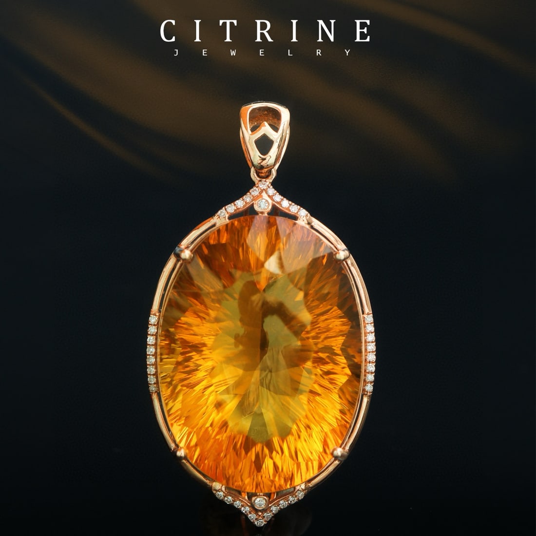 14k Gold 39.52 Ctw Natural Citrine & Diamond Pendant( Without Chain ): Ref:231071082 // gold content:14k gold // main gemstone:citrine // shape:oval // carat weight:39. 4ct // color:yellow // treatment:natural // // adjacent gemstone 2 : diamond // number of stones:40