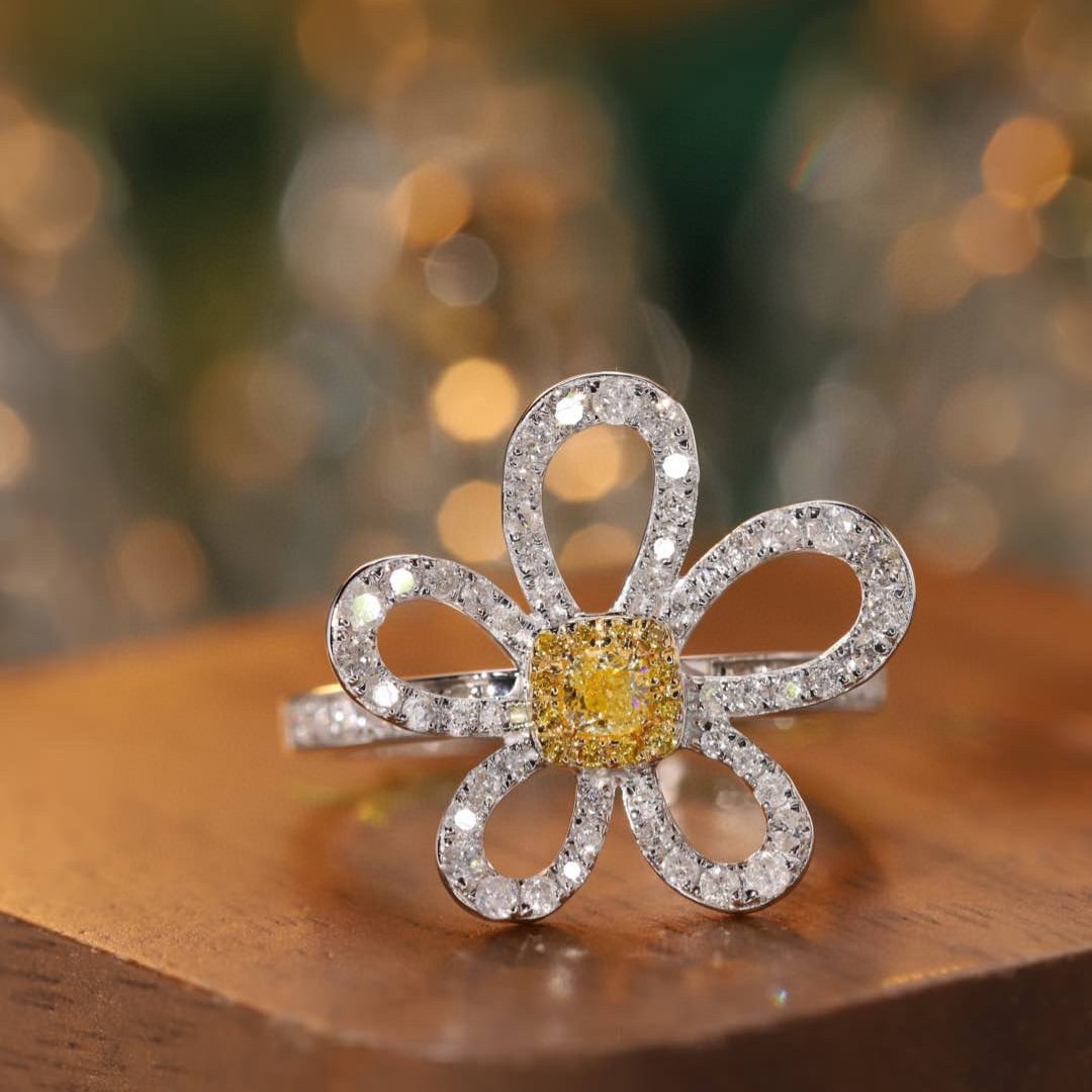 14k Gold 0.85 Ctw Natural Yellow Diamond & Diamond & Flowers Ring: Ref:231071097 // gold content:14k gold // ring size:7. 25us // // main gemstone:yellow diamond // shape:cushion // carat weight:0. 15ct // color:yellow // treatment:natural // // adjacent gemstone