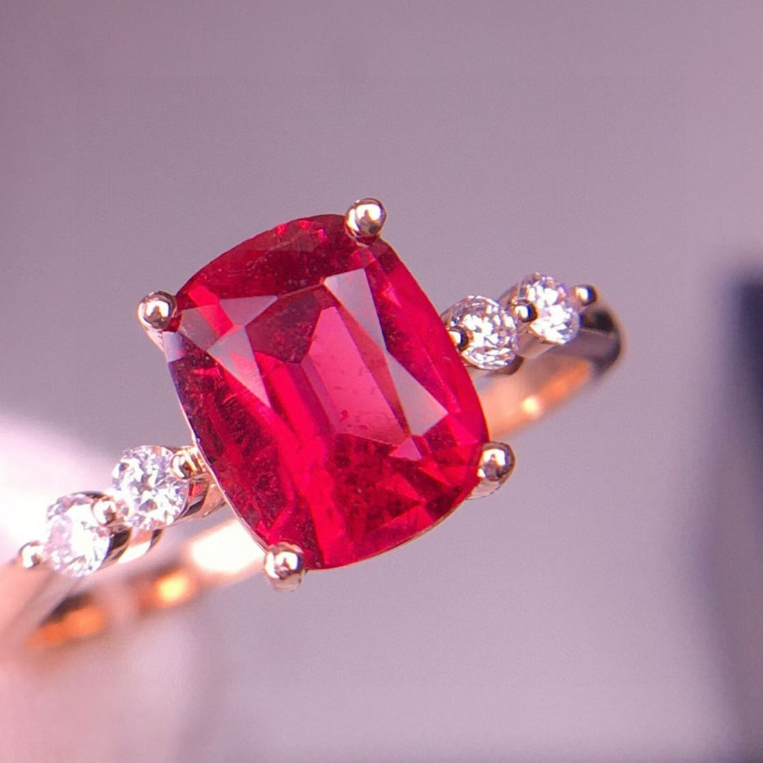 14k Gold 1.91 Ct Natural Tourmaline & Diamond Ring: Ref:231071112 // gold content:14k gold // ring size:7. 25us // // main gemstone:tourmaline // shape:cushion // carat weight:1. 91ct // color:red // treatment:natural // // adjacent gemstone 2 :