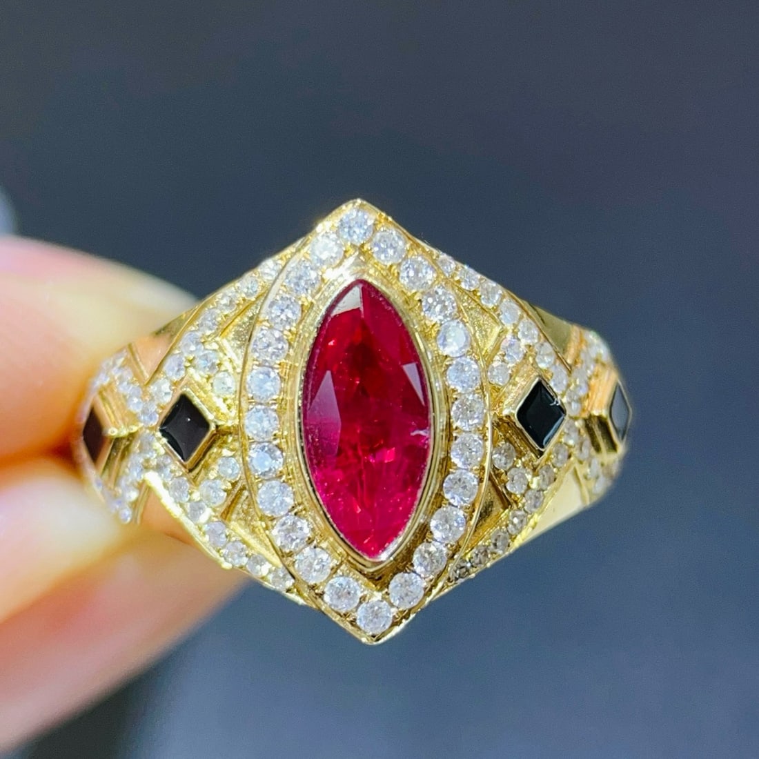 14k Gold 1.47 Ctw Natural Ruby & Diamond Ring: Ref:231071129 // gold content:14k gold // ring size:7. 25us // // main gemstone:ruby // shape:marquise // carat weight:1. 10ct // color:red // treatment:natural // // adjacent gemstone 2 : diamond //
