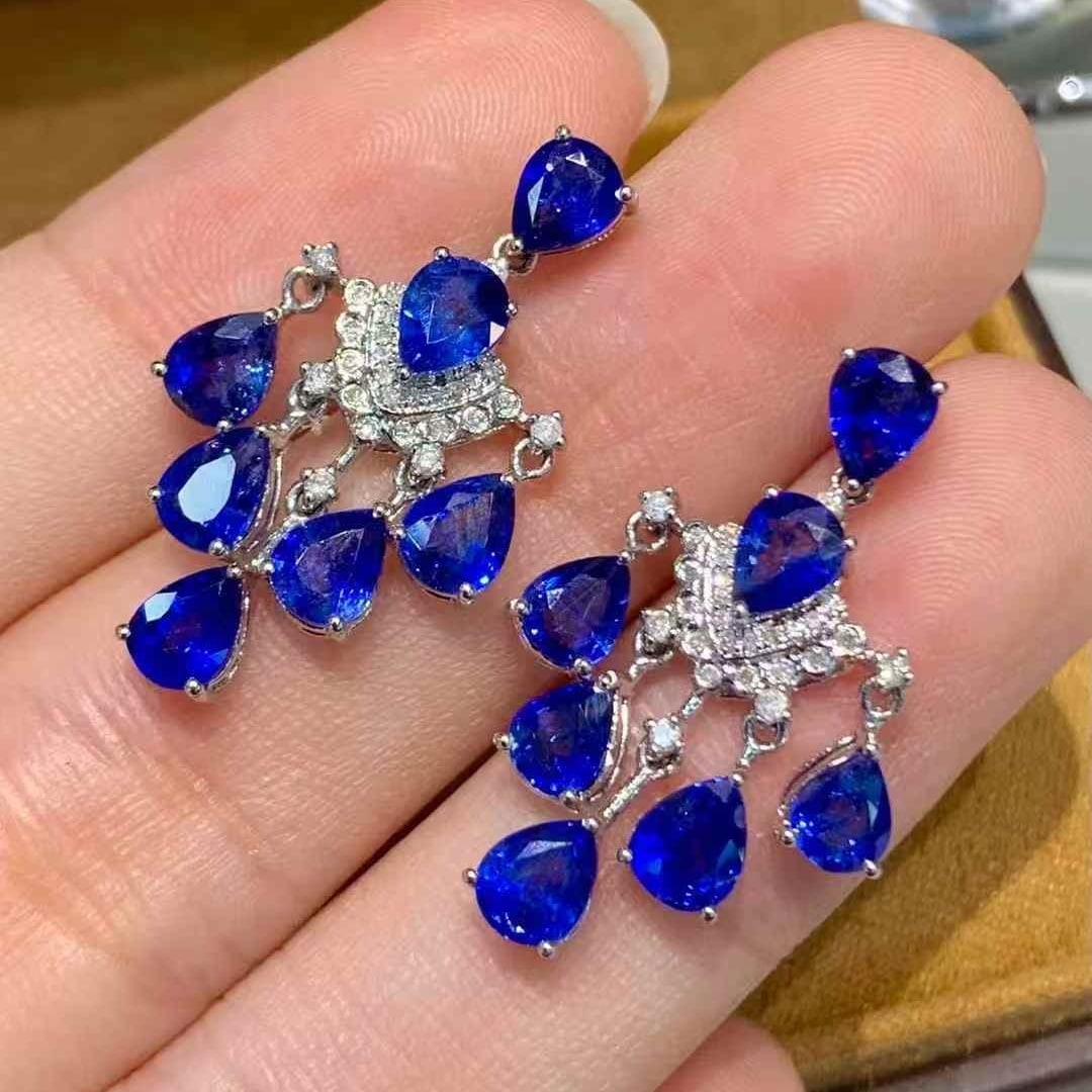 14k Gold 6 Ct Natural Sapphire & Diamond Earrings - 2