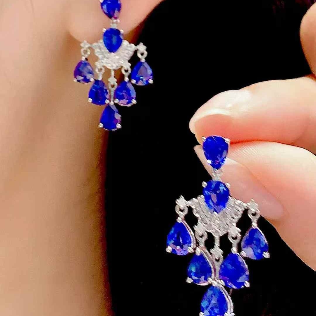 14k Gold 6 Ct Natural Sapphire & Diamond Earrings - 4