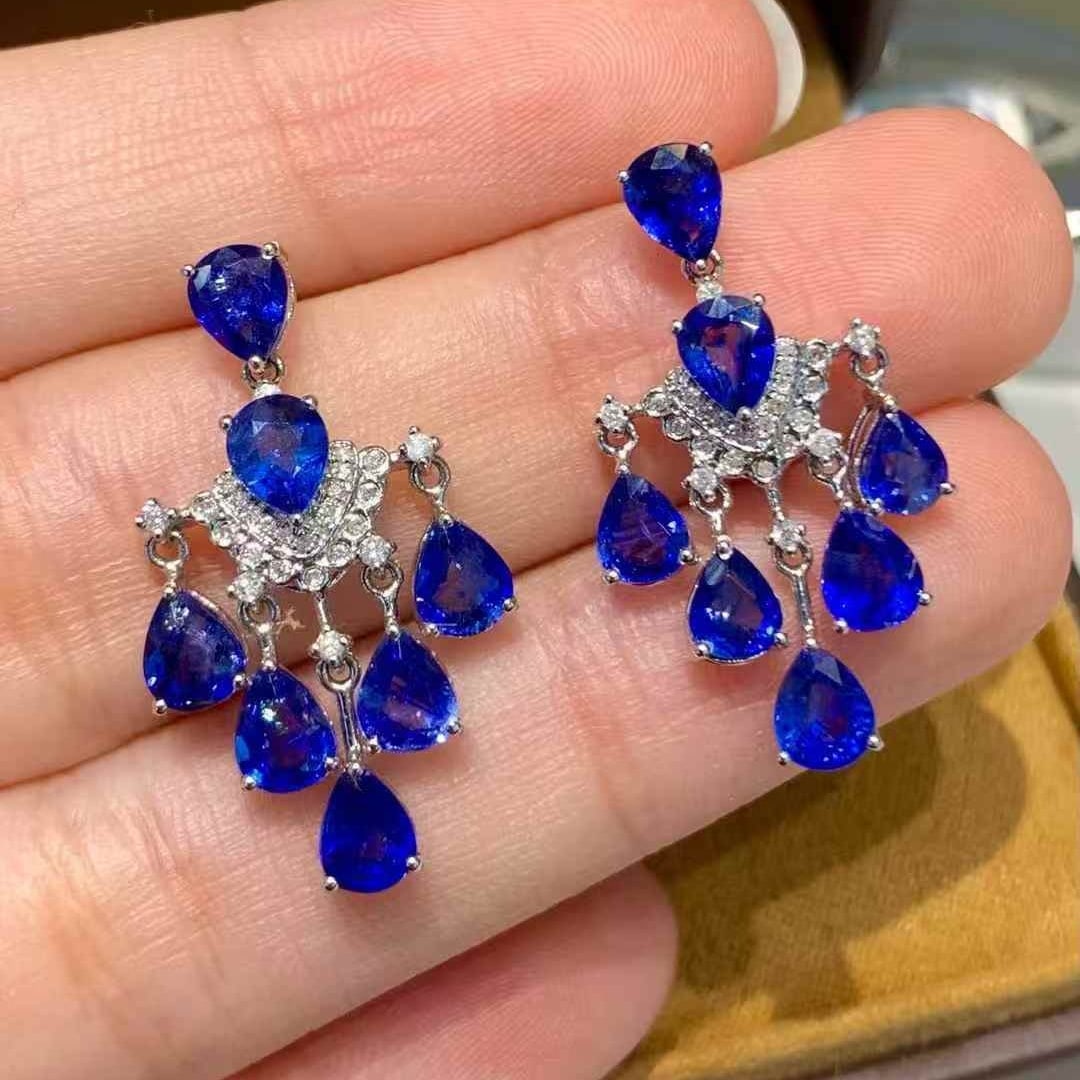 14k Gold 6 Ct Natural Sapphire & Diamond Earrings - 5