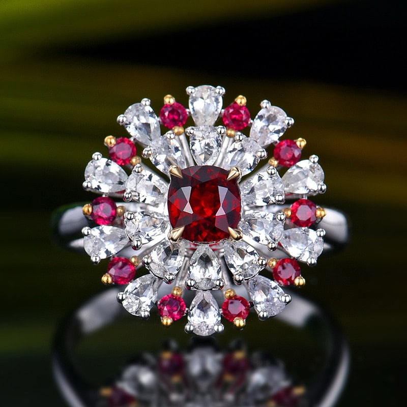 14k Gold 0.99 Ctw Natural Ruby & Ruby Ring: Ref:231071160 // gold content:14k gold // ring size:7. 25us // // main gemstone:ruby // shape:cushion // carat weight:0. 72ct // color:pigeonblood red // treatment:natural // // adjacent gemstone 2 :