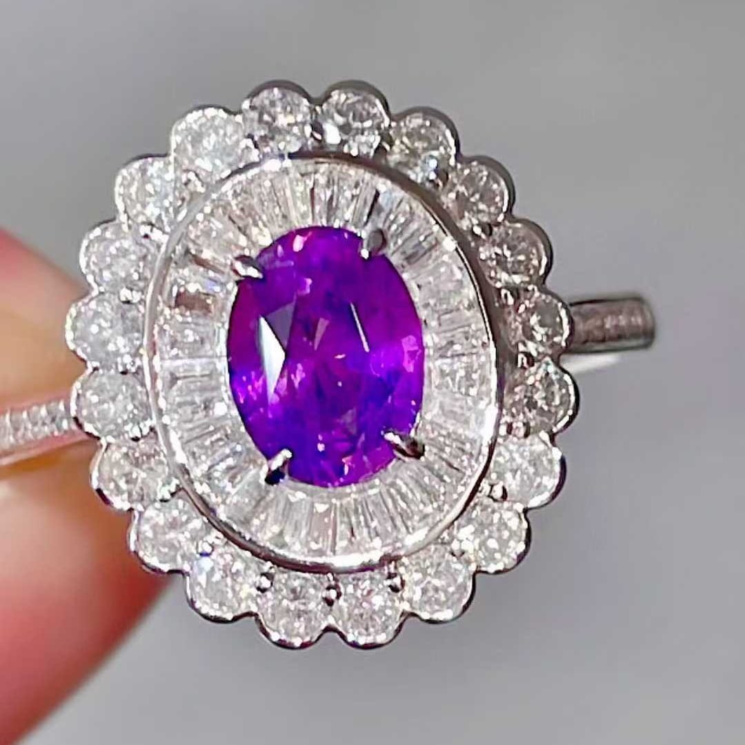 14k Gold 1.6 Ctw Natural Sapphire & Diamond Ring: Ref:231071163 // gold content:14k gold // ring size:7. 25us // // main gemstone:sapphire // shape:oval // carat weight:1ct // color:purple // treatment:natural // // adjacent gemstone 2 : diamond