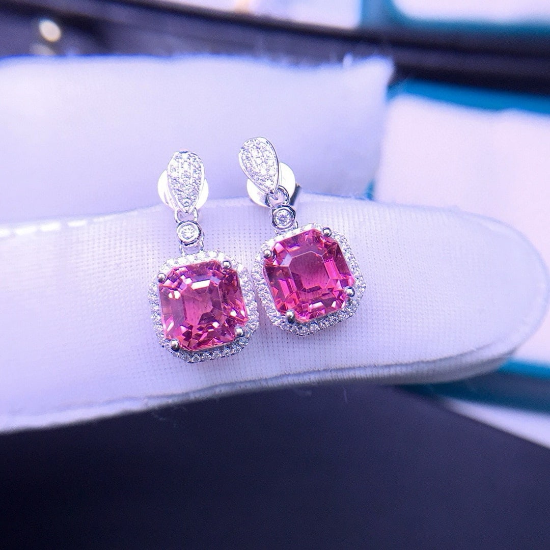 14k Gold 5.29 Ctw Natural Tourmaline & Diamond Earrings: Ref:231071182 // gold content:14k gold // main gemstone:tourmaline // shape:octagonal // carat weight:5ct // color:pink // treatment:natural // // adjacent gemstone 2 : diamond // shape:round // carat