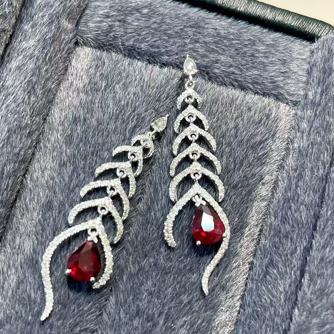 14k Gold 1.15 Ct Natural Ruby & Diamond & Sapphire Earrings - 2