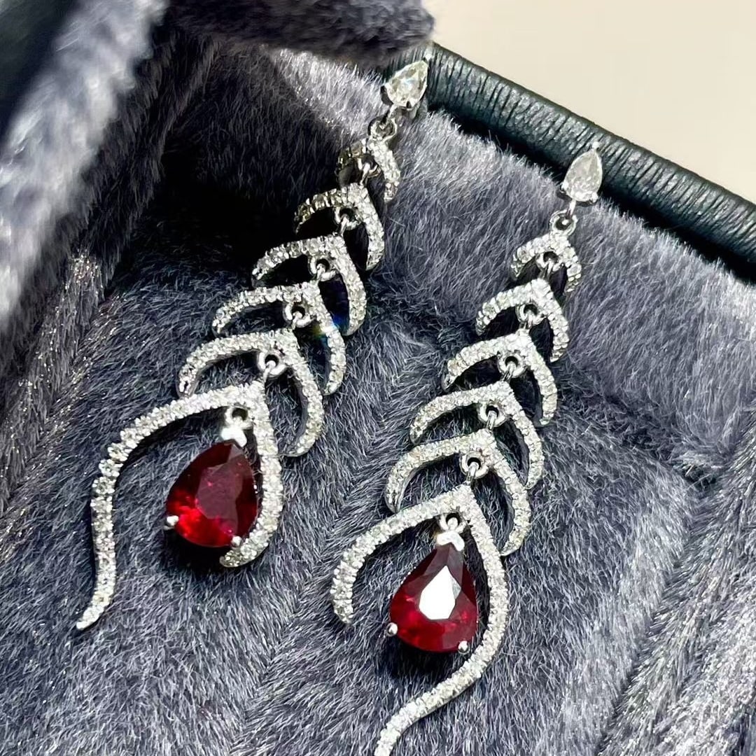 14k Gold 1.15 Ct Natural Ruby & Diamond & Sapphire Earrings - 3