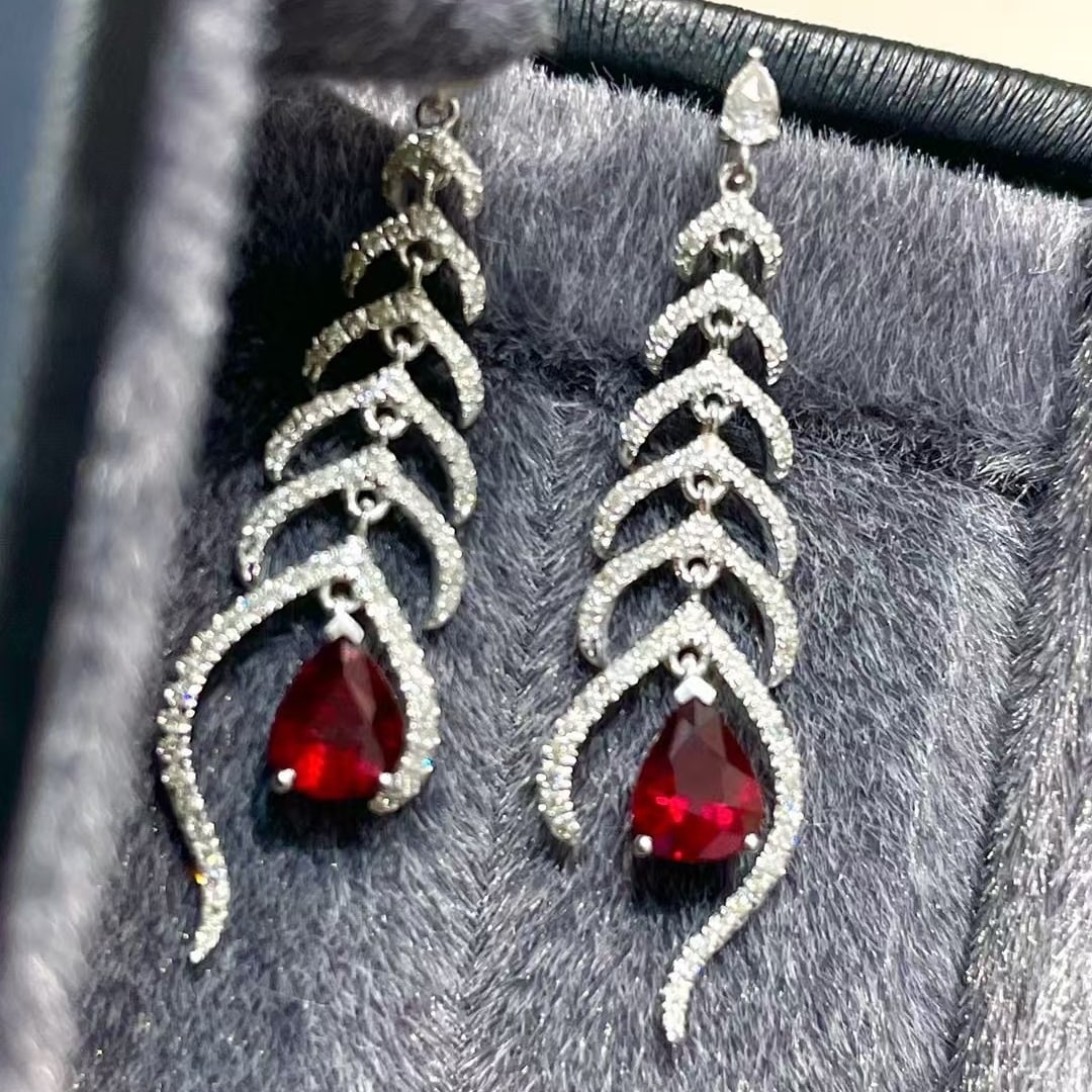 14k Gold 1.15 Ct Natural Ruby & Diamond & Sapphire Earrings - 4