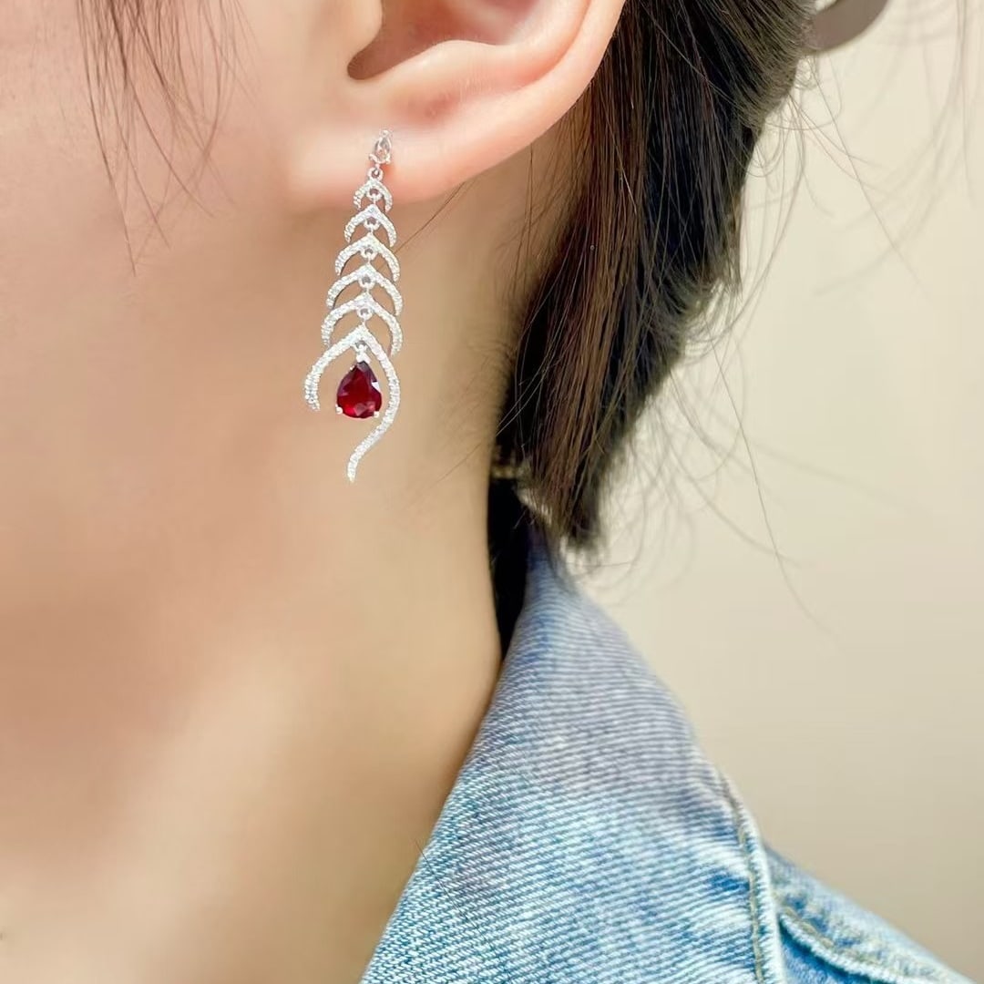 14k Gold 1.15 Ct Natural Ruby & Diamond & Sapphire Earrings - 5