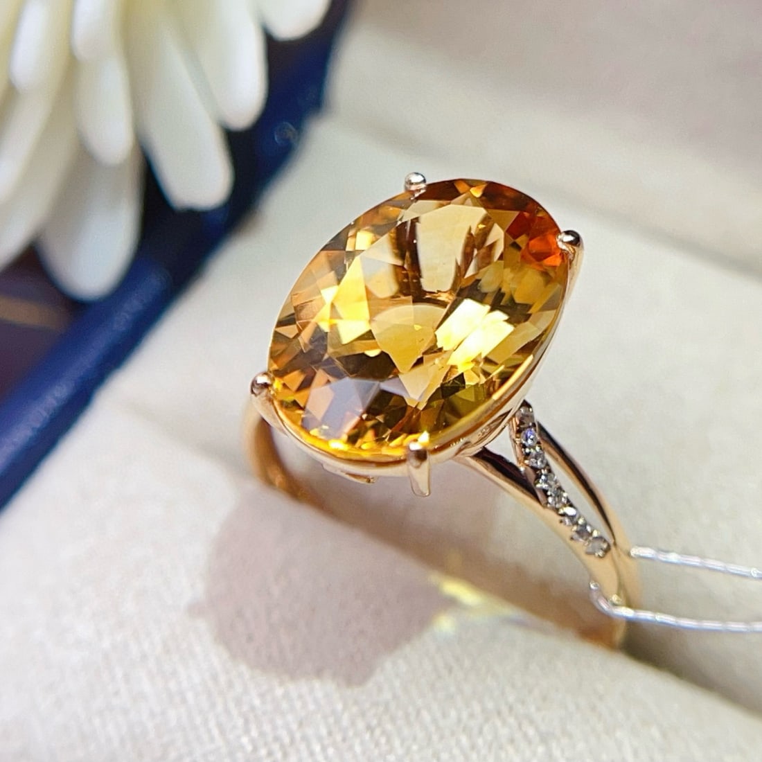 14k Gold 5.35 Ctw Natural Citrine & Diamond Ring: Ref:231072107 // gold content:14k gold // ring size:7. 25us // // main gemstone:citrine // shape:oval // carat weight:5. 3ct // color:yellow // treatment:natural // // adjacent gemstone 2 :