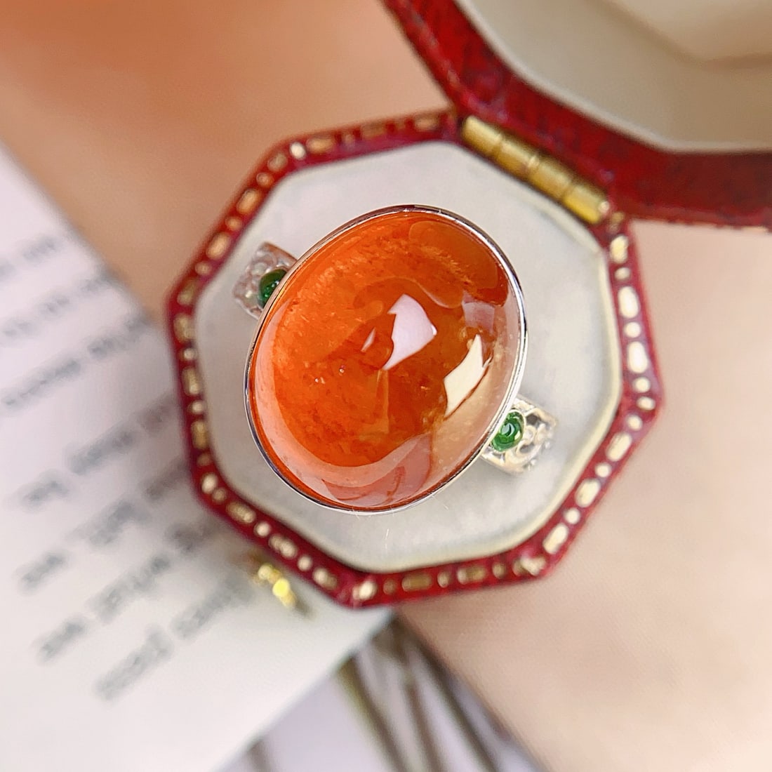 14k Gold 18.30 Ct Natural Spessartine & Tsavorite Ring: Ref:231072135 // gold content:14k gold // ring size:7. 25us // // main gemstone:spessartine // shape:oval // carat weight:18. 30ct // color:orange // treatment:natural // // adjacent gemstone 2 :