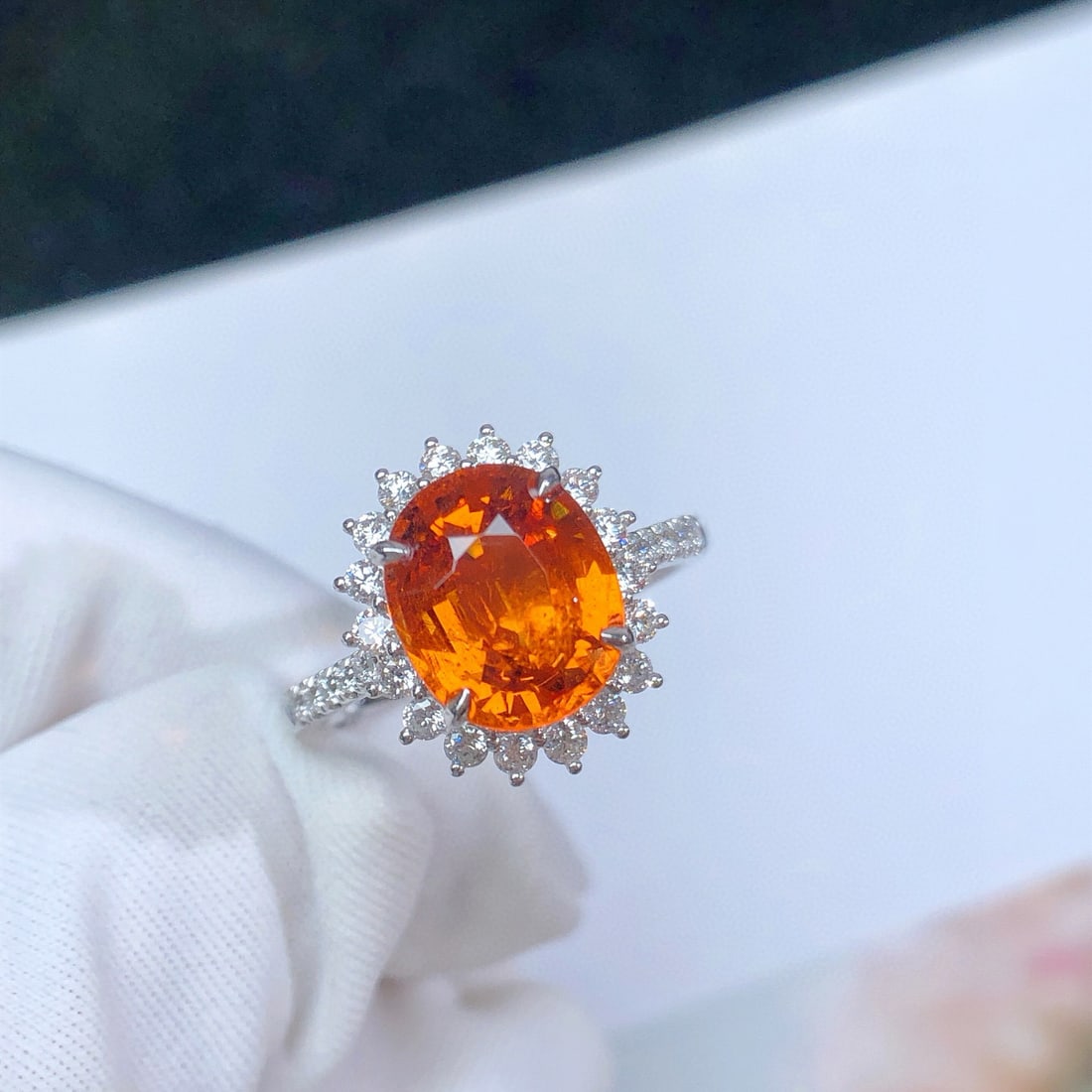 14k Gold 4.30 Ctw Natural Spessartine & Diamond Ring: Ref:231072256 // gold content:14k gold // ring size:7. 25us // // main gemstone:spessartine // shape:oval // carat weight:3. 91ct // color:orange // treatment:natural // // adjacent gemstone 2 :
