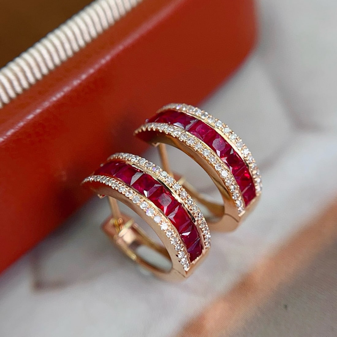 14k Gold 1.20 Ct Natural Ruby & Diamond Earrings: Ref:231072257 // gold content:14k gold // main gemstone:ruby // shape:princess // carat weight:1. 20ct // color:red // treatment:natural // // adjacent gemstone 2 : diamond // number of stones:90 // s