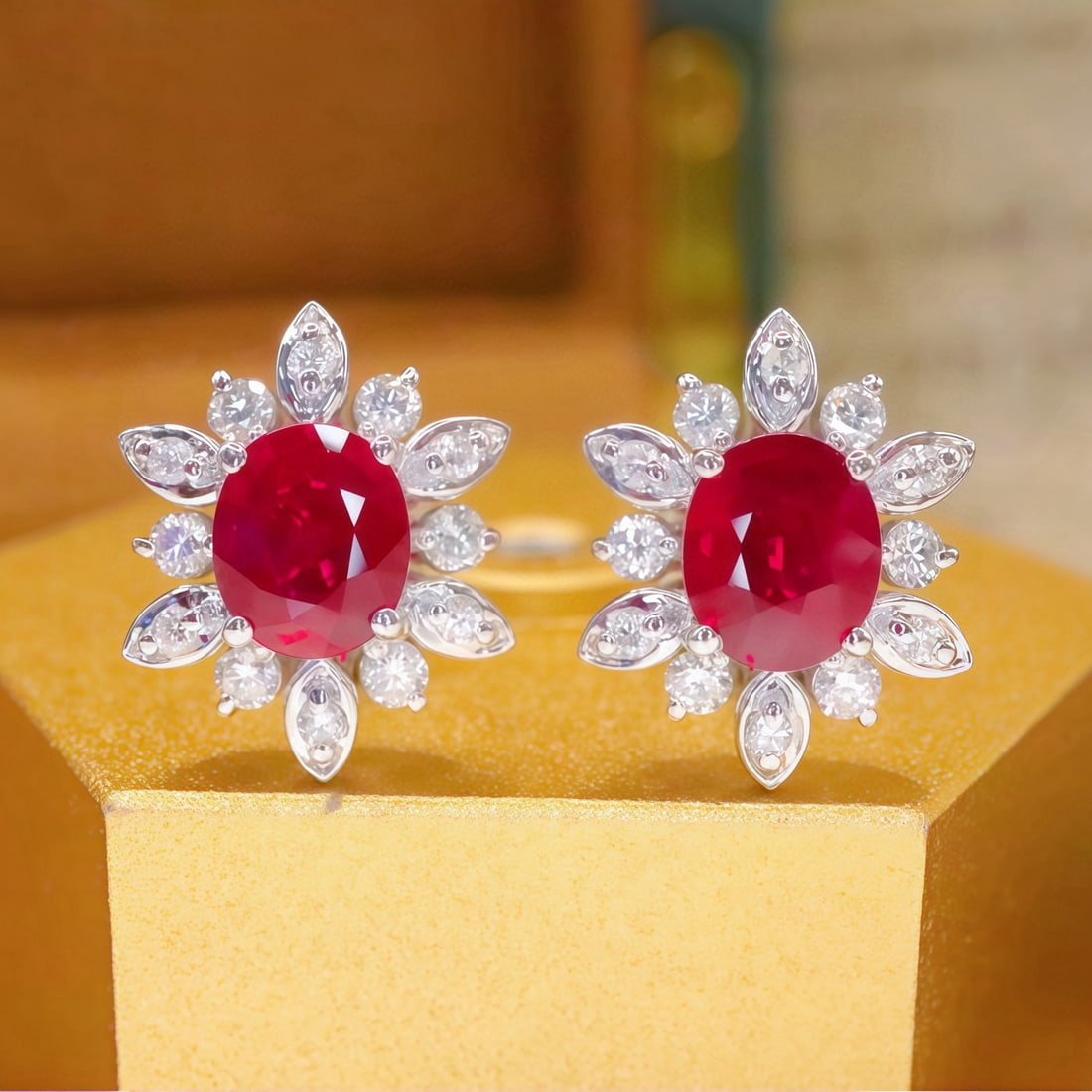 14k Gold 1.41 Ctw Natural Ruby & Diamond Earrings: Ref:231073065 // gold content:14k gold // main gemstone:ruby // shape:oval // carat weight:1. 08ct // color:pigeonblood red // treatment:natural // // adjacent gemstone 2 : diamond // number of stones