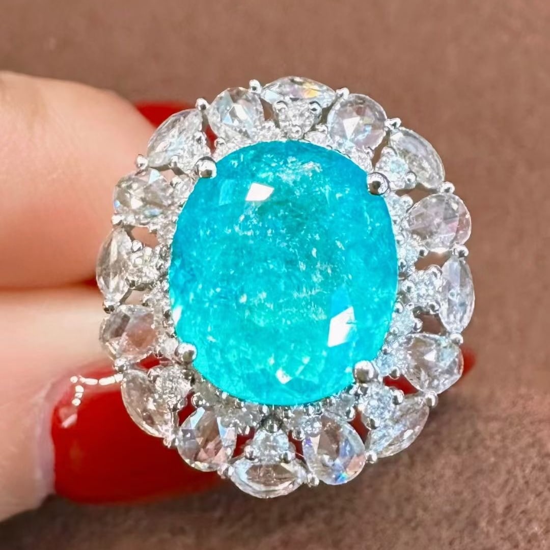 14k Gold 5.53 Ctw Natural Paraiba Tourmaline & Diamond Ring/pendant( Without Chain ): Ref:231073083 // gold content:14k gold // ring size:7. 25us // // main gemstone:paraiba tourmaline // shape:oval // carat weight:4. 51ct // color:blue // treatment:natural // // adjacent gemstone 2 :
