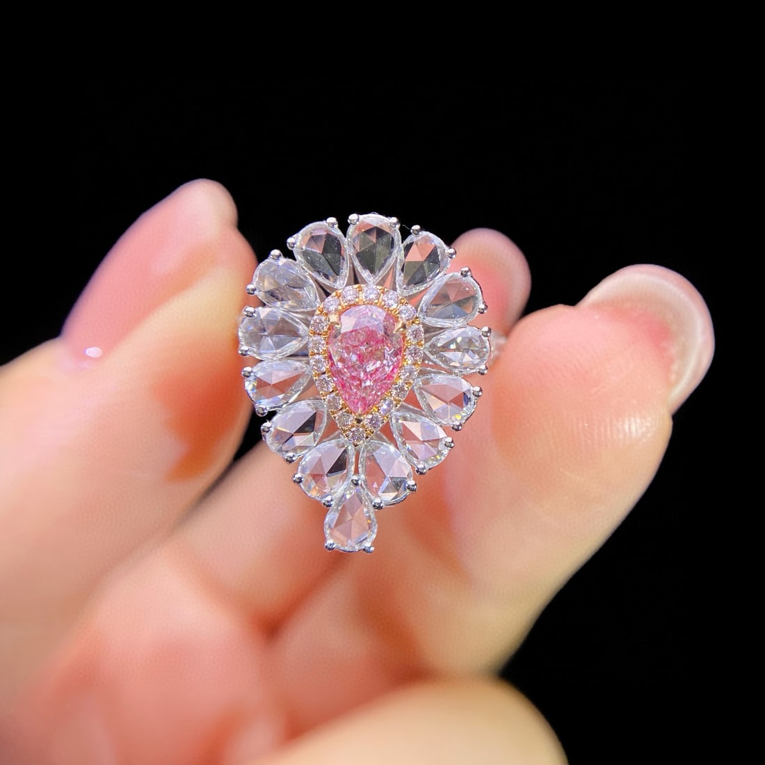 Gia Certified 14k Gold 1.79 Ctw Natural Pink Diamond & Diamond Ring: Ref:231074106 // gold content:14k gold // ring size:7. 25us // // main gemstone:pink diamond // certified:gia // shape:pear // carat weight:0. 50ct // clarity grade:i1 // color:pink //