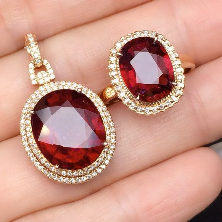 14k Gold 10.5 Ct Natural Tourmaline & Diamond Jewelry Set: Ref:231074227 // gold content:14k gold // ring size:7. 25us // // pendant(without chain) // main gemstone:tourmaline // shape:oval // carat weight:7ct // color:red // treatment:natural // //