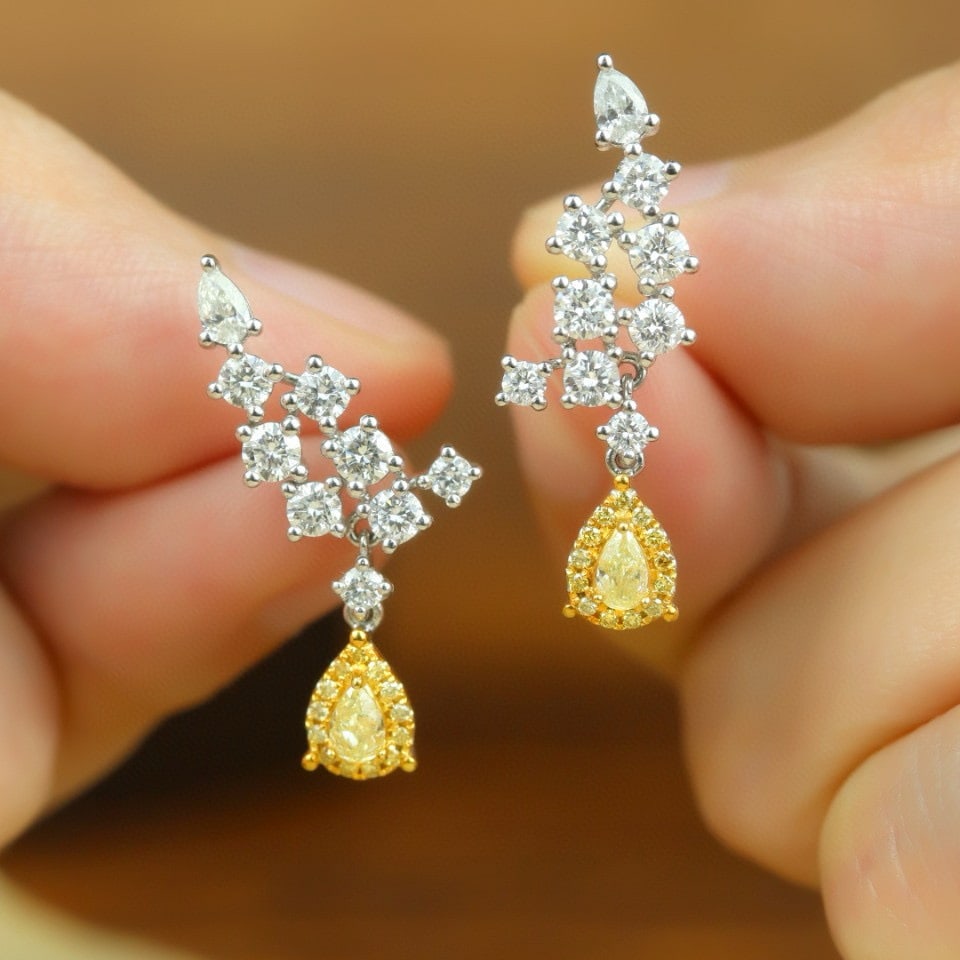 14k Gold 1.42 Ctw Natural Yellow Diamond & Diamond Earrings: Ref:231075189 // gold content:14k gold // main gemstone:yellow diamond // shape:pear // carat weight:0. 22ct // color:yellow // treatment:natural // // adjacent gemstone 2 : diamond // shape:multiple