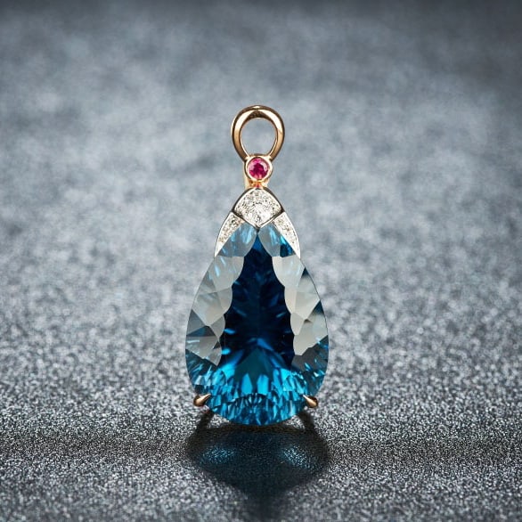 14k Gold 21.45 Ct Natural Topaz & Diamond & Ruby Pendant( Without Chain ): Ref:231075196 // gold content:14k gold // main gemstone:topaz // shape:pear // carat weight:21. 45ct // color:blue // treatment:natural // // adjacent gemstone 2 : diamond // shape:round // clarity gr