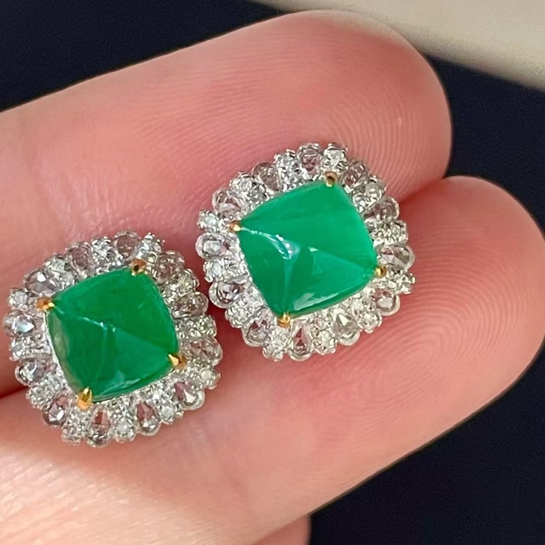14k Gold 3.13 Ct Natural Emerald & Diamond & Sapphire Earrings: Ref:231075222 // gold content:14k gold // main gemstone:emerald // shape:sugar-loaf // carat weight:3. 13ct // color:green // treatment:natural // // adjacent gemstone 2 : diamond // shape:round //