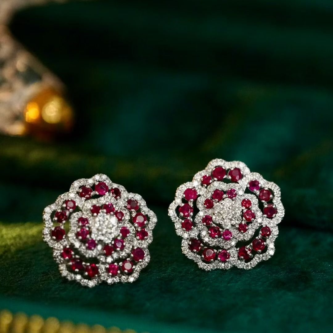 14k Gold 2.02 Ctw Natural Ruby & Diamond Earrings: Ref:231075226 // gold content:14k gold // main gemstone:ruby // shape:round // carat weight:1. 28ct // color:red // treatment:natural // cut grade:g // // adjacent gemstone 2 : diamond //