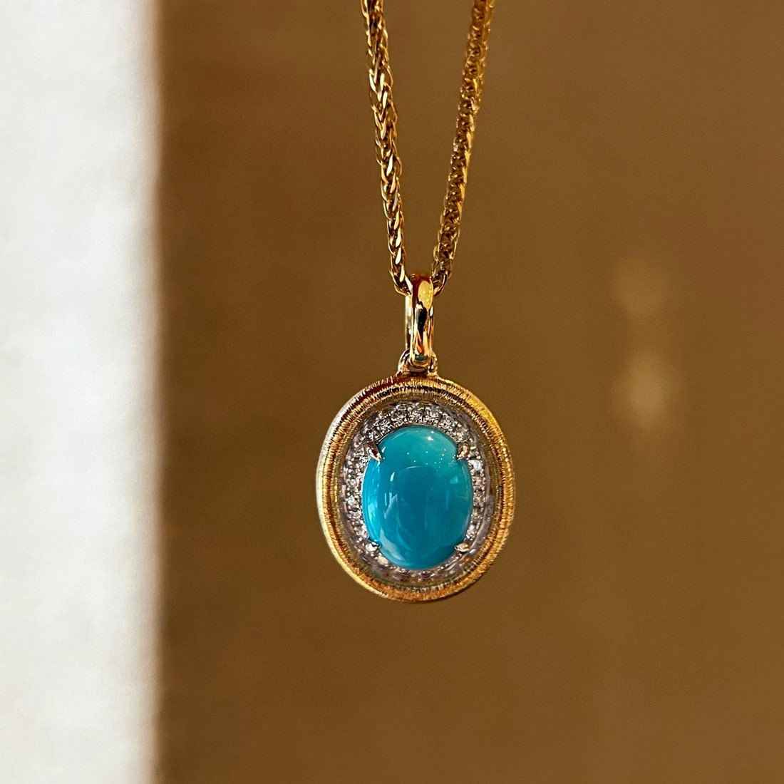 14k Gold 1.88 Ctw Natural Turquoise & Diamond Pendant( Without Chain ): Ref:231076153 // gold content:14k gold // main gemstone:turquoise // shape:oval // carat weight:1. 76ct // color:blue // treatment:natural // // adjacent gemstone 2 : diamond // shape:round //