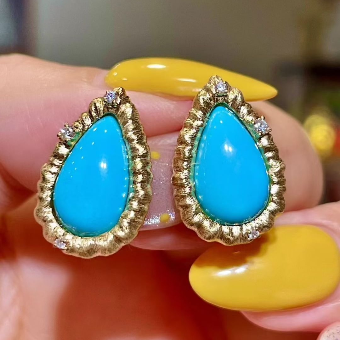 14k Gold 5.10 Ctw Natural Blue Turquoise & Diamond Earrings: Ref:230947090 // gold content:14k gold // ring size:7. 25us // // main gemstone:tourmaline // shape:oval // carat weight:2. 7ct // color:purple // treatment:natural // // adjacent gemstone 2 :