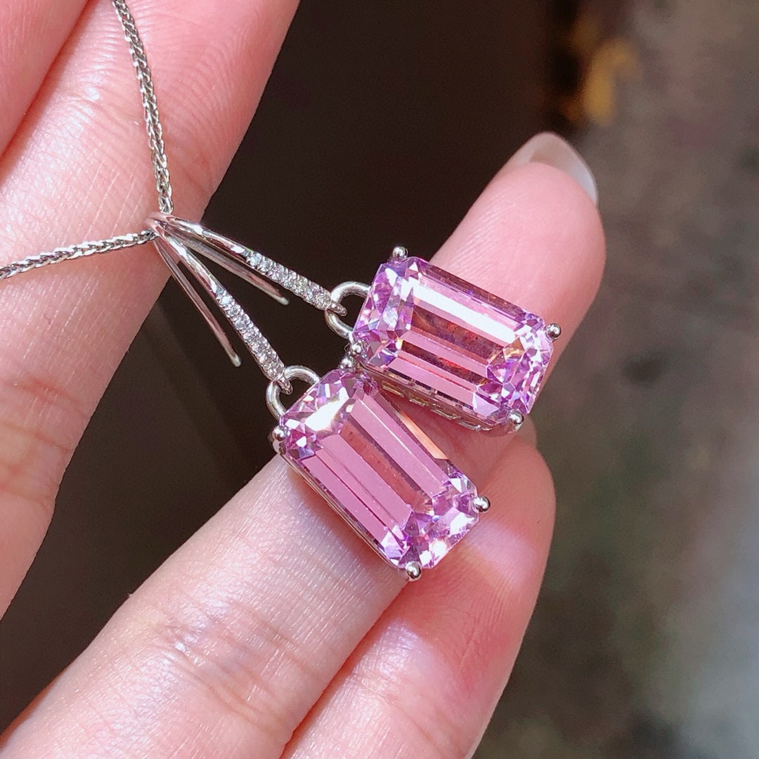 14k Gold 16.23 Ctw Natural Kunzite & Diamond Earrings: Ref:231078127 // gold content:14k gold // main gemstone:kunzite // shape:octagonal // carat weight:16. 16ct // color:purplish pink // treatment:natural // // adjacent gemstone 2 : diamond //