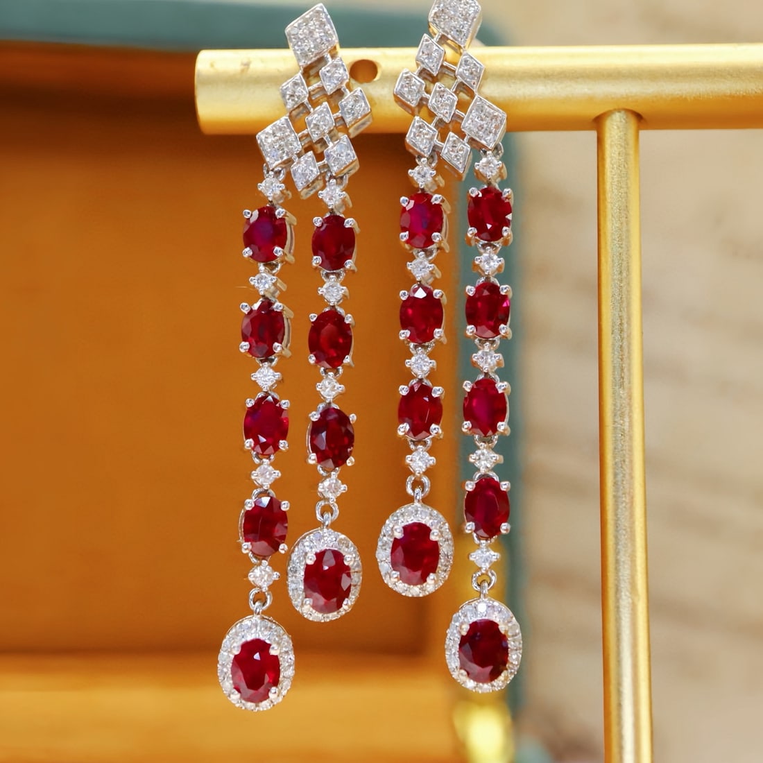 14k Gold 4.33 Ctw Natural Ruby & Diamond Earrings: Ref:231078132 // gold content:14k gold // main gemstone:ruby // shape:oval // carat weight:3. 8ct // color:pigeonblood red // treatment:natural // // adjacent gemstone 2 : diamond // number of