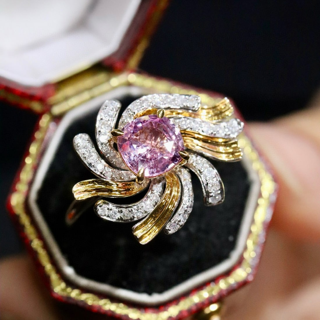 14k Gold 1.63 Ctw Natural Padparadscha Sapphire & Diamond Ring: Ref:231078145 // gold content:14k gold // ring size:7. 25us // // main gemstone:padparadscha sapphire // shape:cushion // carat weight:1. 31ct // color:orangish pink // treatment:natural // //