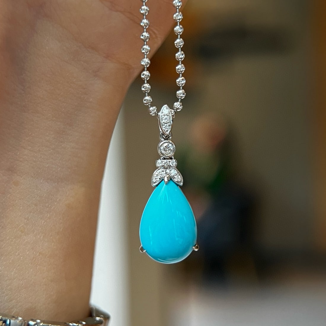 14k Gold 3.78 Ctw Natural Turquoise & Diamond Pendant( Without Chain ): Ref:231078158 // gold content:14k gold // main gemstone:turquoise // shape:pear // carat weight:3. 71ct // color:blue // treatment:natural // // adjacent gemstone 2 : diamond // shape:round //