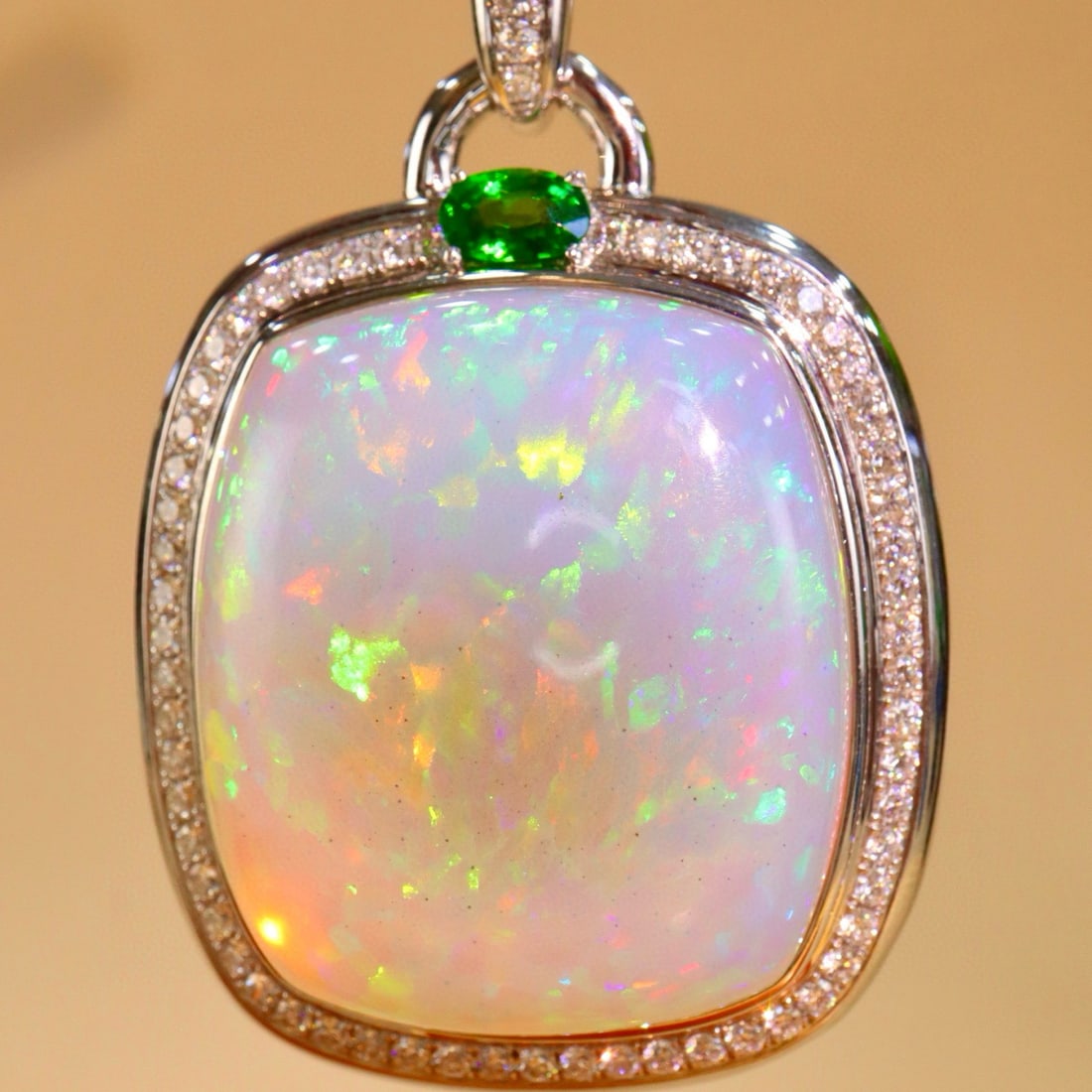 14k Gold 70.06 Ctw Natural Opal & Diamond Pendant( Without Chain ): Ref:231078191 // gold content:14k gold // main gemstone:opal // shape:cushion // carat weight:69ct // color:white // treatment:natural // // adjacent gemstone 2 : diamond // shape:round // carat