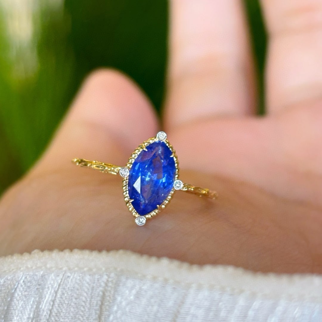 14k Gold 1.37 Ct Natural Sapphire & Diamond Ring: Ref:231078322 // gold content:14k gold // ring size:7. 25us // // main gemstone:sapphire // shape:marquise // carat weight:1. 37ct // color:blue // treatment:natural // // adjacent gemstone 2 :