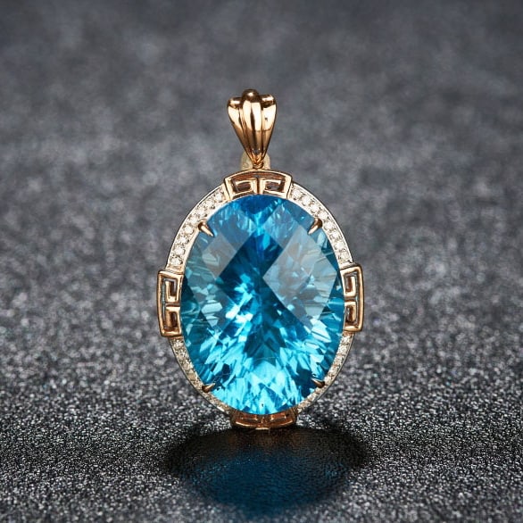 14k Gold 18.52 Ct Natural Topaz & Diamond Pendant( Without Chain ): Ref:231079019 // gold content:14k gold // main gemstone:topaz // shape:oval // carat weight:18. 52ct // color:blue // treatment:natural // // adjacent gemstone 2 : diamond // number of stones:32 // sh