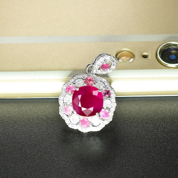 14k Gold 1.96 Ctw Natural Ruby & Diamond Pendant( Without Chain ): Ref:231079027 // gold content:14k gold // main gemstone:ruby // shape:cushion // carat weight:1. 67ct // color:red // treatment:natural // // adjacent gemstone 2 : diamond // shape:round // carat